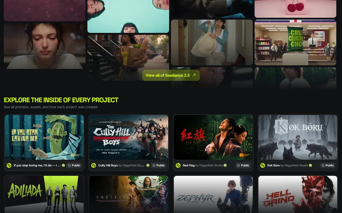 Higgsfield AI project gallery showing example AI generated video clips and studio templates